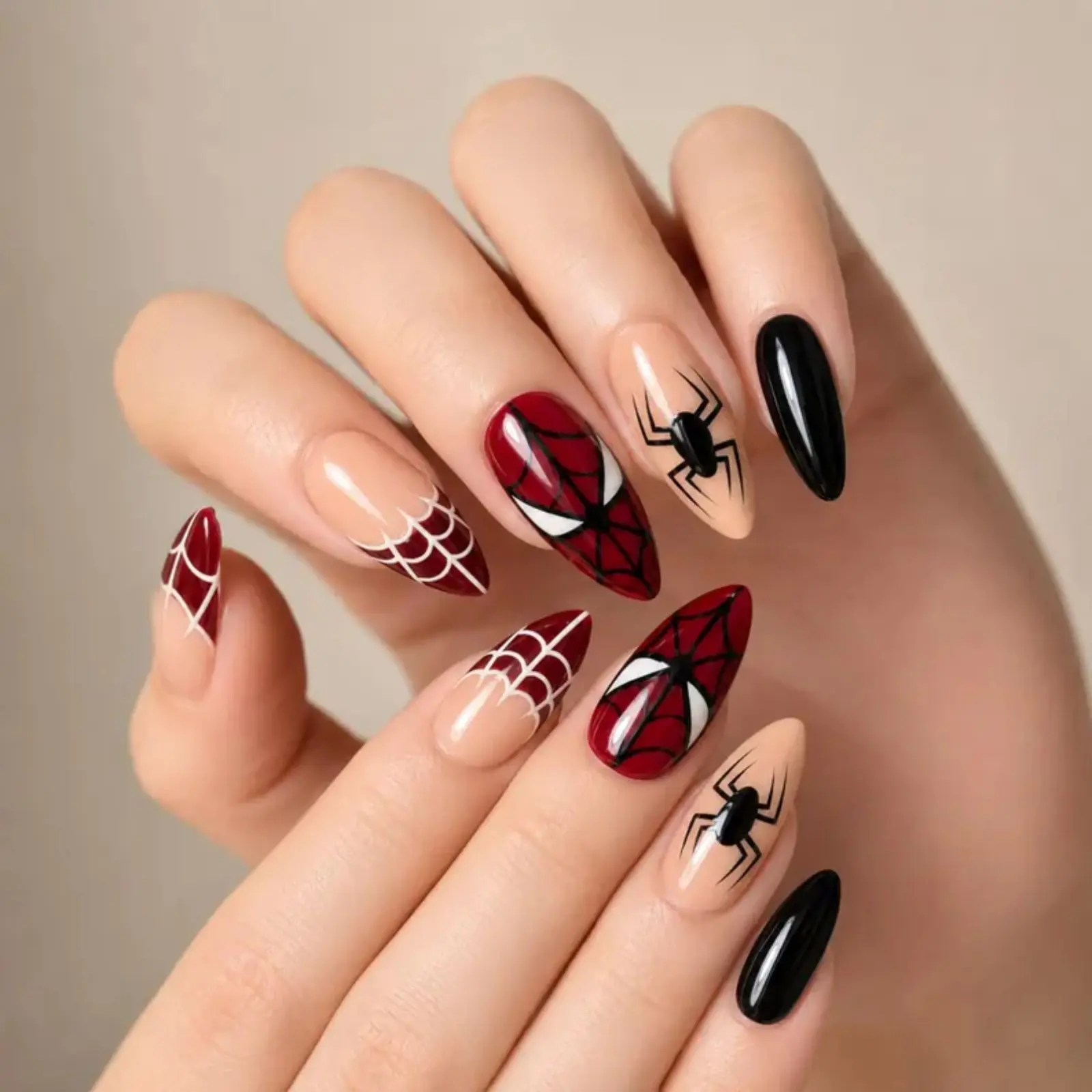 Red Black Spider Web Press On Nails Glossy Almond Fake Nails Reusable Full Cover Nail Tips Halloween Costume Nail Set