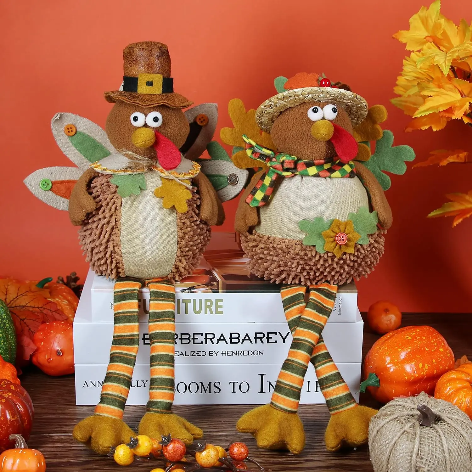 15" 2PCS Stuffed Turkey Couple Doll Thanksgiving Tabletop Decoration | Turkey Stuffed Animal Exquisite Handmade Turkey Plush Doll Kit for Autumn Harvest Thanksgiving Table Ornaments