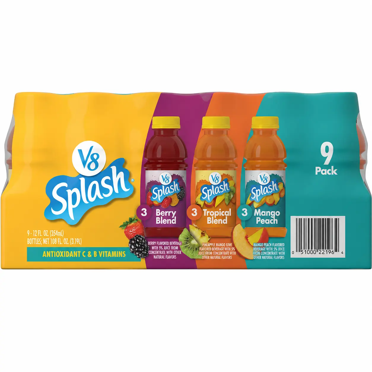 V8 Splash Variety Pack, 12 fl. oz. Bottles, 9 Pack – Berry Blend, Tropical Blend & Mango Peach, Antioxidant Vitamins C & B