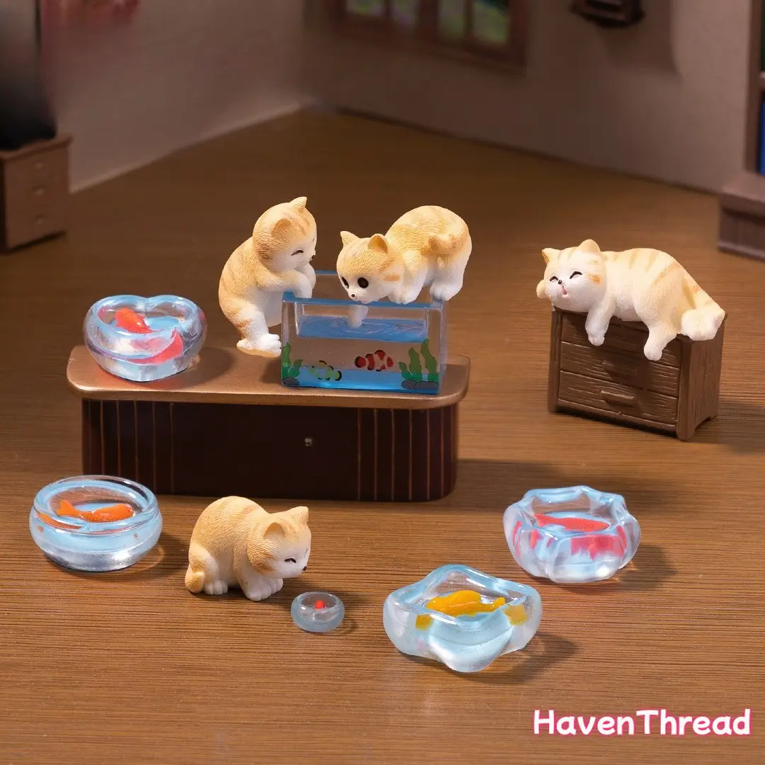3-Piece Resin Cat & Fish Tank Character Figurine Set, Cute Collectibles, Miniature Things, Desk Decor, Home Decoration Accessories, Diorama Ornaments, Creative Mini Gifts