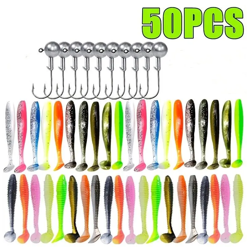 50Pcs Soft Fishing Lure Set, Silicone Worm Bait with Crank & Jig Head Hooks, Long Casting, Portable Fishing Tackle for Anglers, Fishing Gear
