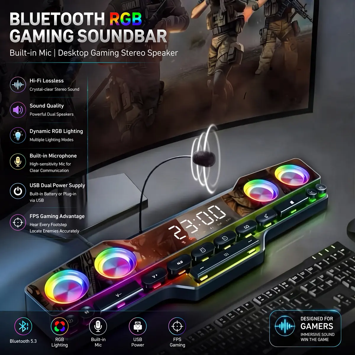 Bluetooth RGB Gaming Party Speaker with Microphone - Portable Wireless Speaker, 3600mAh Battery, Fidelity Dynamic Stereo Lossless Sound, Color Lighting, Footstep Detection, USB Powered, Gamer Stuff Gift, Bluetooth Speaker tiktokshopbacktoschool