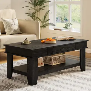 YJ-Garvee 1 pcs Table with Drawer and Storage Shelf, Large Coffee Tables, Living Room Furniture, Durable and Easy to Clean, Supports 300 Pounds in Total,Black