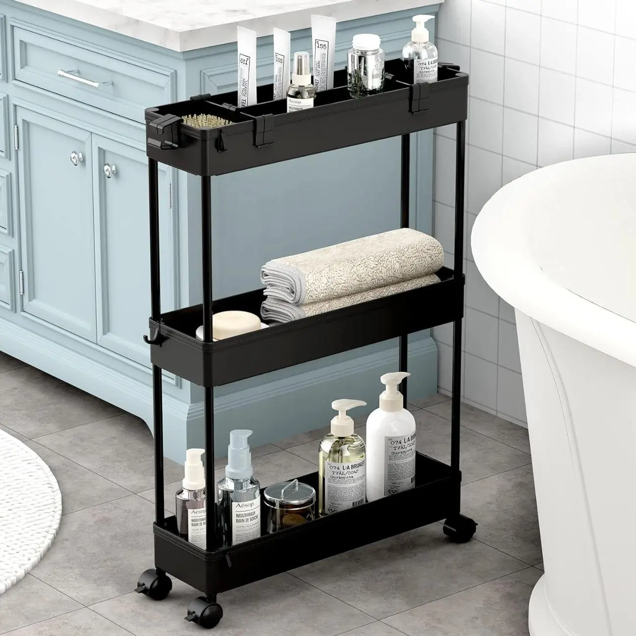 Slim Storage Cart,3 Tier Bathroom Rolling Slide Out Utility Cart, Mobile Shelving Unit Organizer Trolley for Office Bathroom Kitchen, Places, Black Racks