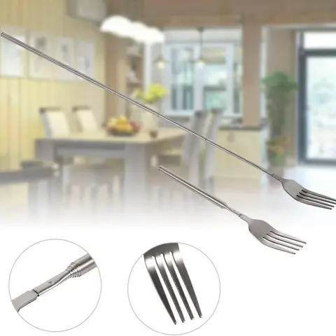Stainless Steel Telescopic Fork, 1 Count Barbecue Cutlery Fork, BBQ Dinner Fruit Dessert Long Fork, Household Dinnerware, Barbecue Utensils, Kitchen Accessories, Kitchenware, Grilling Accessories, BBQ Tools, Barbecue Cooking Kitchen, Barbecue Accessory