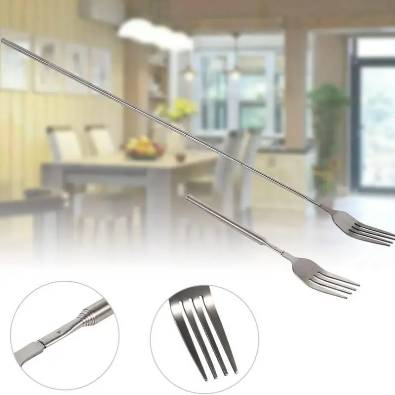 Stainless Steel Telescopic Fork, 1 Count Barbecue Cutlery Fork, BBQ Dinner Fruit Dessert Long Fork, Household Dinnerware, Barbecue Utensils, Kitchen Accessories, Kitchenware, Grilling Accessories, BBQ Tools, Barbecue Cooking Kitchen, Barbecue Accessory