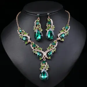 Emerald Green Crystal Bridal Jewelry Set for Women, Rose Gold Plated Statement Necklace & Earrings, Tarnish Resistant Wedding Evening Party Formal Jewelry