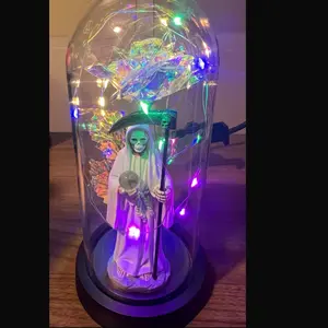 Santa Muerte Color Blanca 9 Inches Ceramic with Multicolor LED Lights in Pink Gift Box Very Beautiful Statue with Protective Globe and Dynamic Lighting