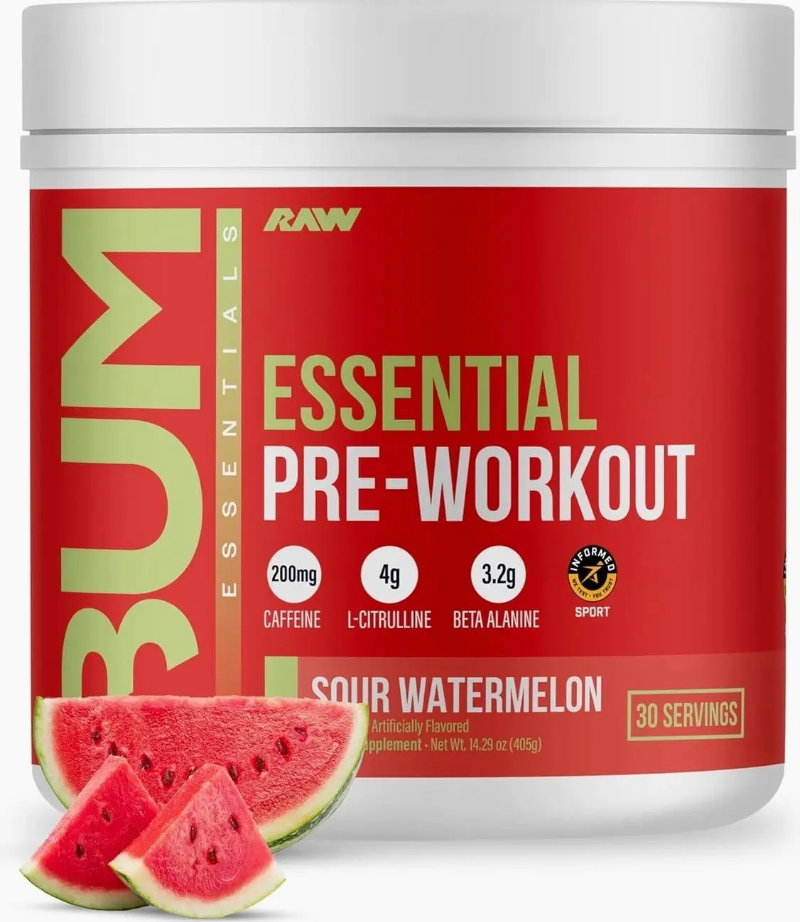 RAW Essential Pre-Workout Powder (Sour Watermelon) - Chris Bumstead Sports Nutrition Supplement for Men & Women - Preworkout Energy Powder with Caffeine, L-Citrulline, L-Tyrosine, & Beta Alanine Blend