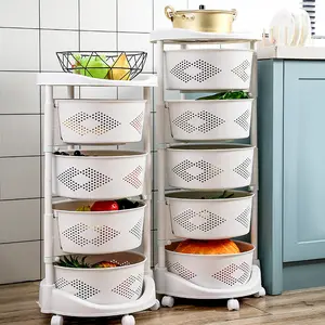 Storage Basket With Wheels Vegetable Rotating Basket Rack Kitchen Organizer PP Fruit Plastic Steel Adjustable