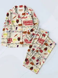 Stranger Things Sleepwear Set Two-Piece Lapel Button Top and Shorts, Women's Casual Home Wear, Comfortable Party