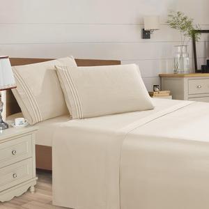Elegant Comfort 4-Piece Solid 3-Line Embroidery Sheet Set – Ultra Soft Premium Microfiber Bedding Essentials, Bright Shades