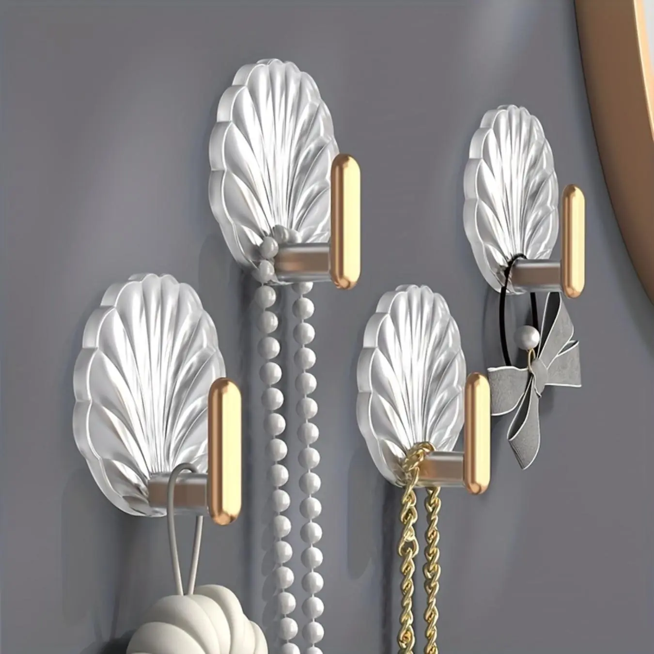 Shell Shaped Wall Mounted Hook, 4 Counts Self Adhesive Wall Hook, Waterproof Hook for Hanging Towels Keys Coats, Storage Hooks Set, Wall Hook Hanger
