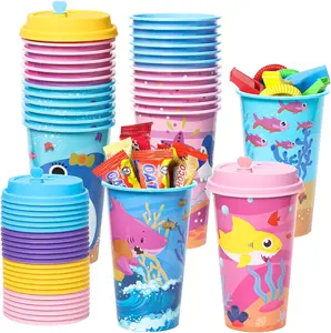 Shark Party Favors Goodie Cups with Lids 24 Pack 16OZ Plastic Ocean Shark Themed Reusable Cups for Kids Birthday Party Decorations
