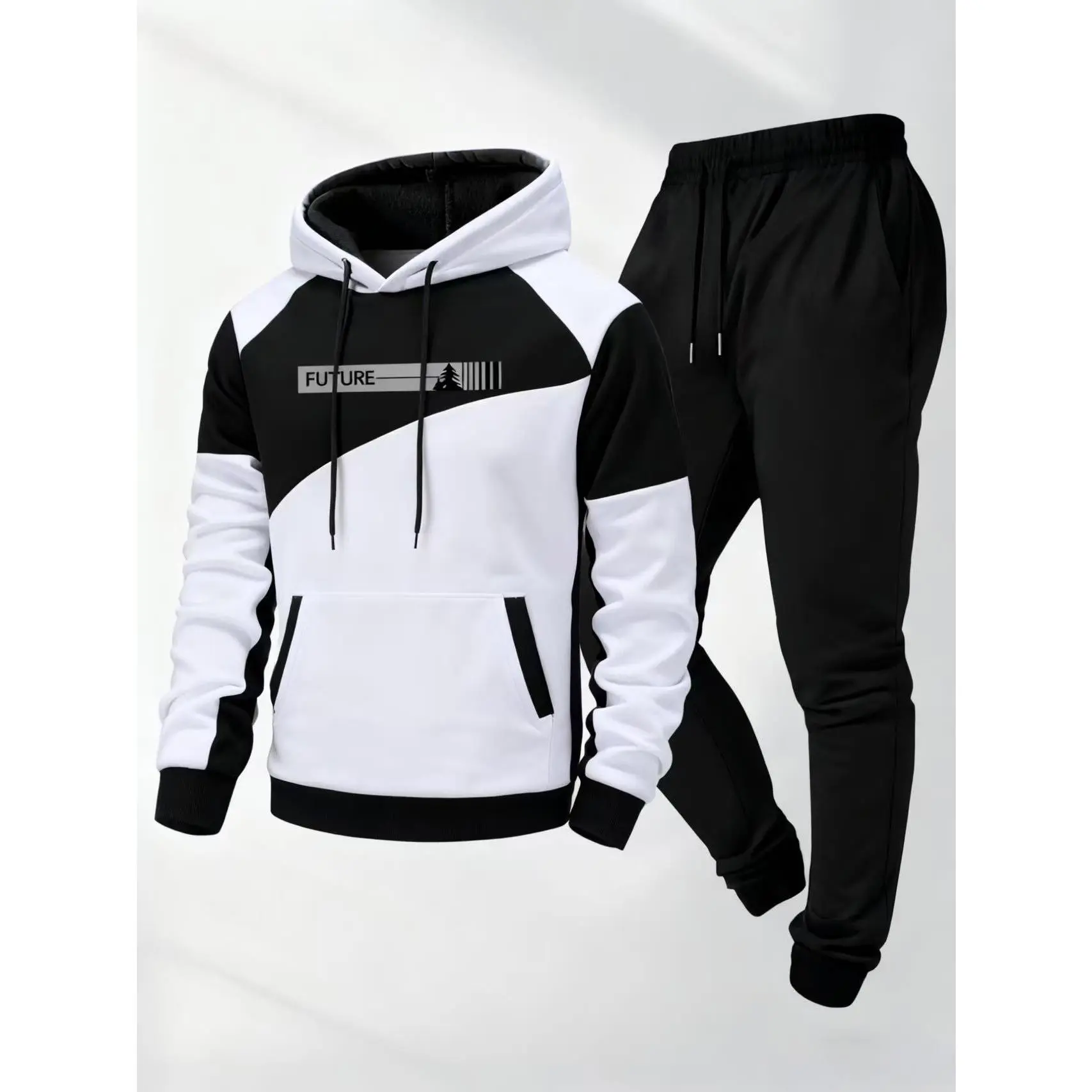 Men's 2 Piece Tracksuit Set Black & White Colorblock Hoodie and Joggers Sweatpants Casual Streetwear OutfitsFashion Trend Hooded Velvet Set with Personalized Patterns Simple Versatile Casual for Daily Use Hoodie & Matching Pants