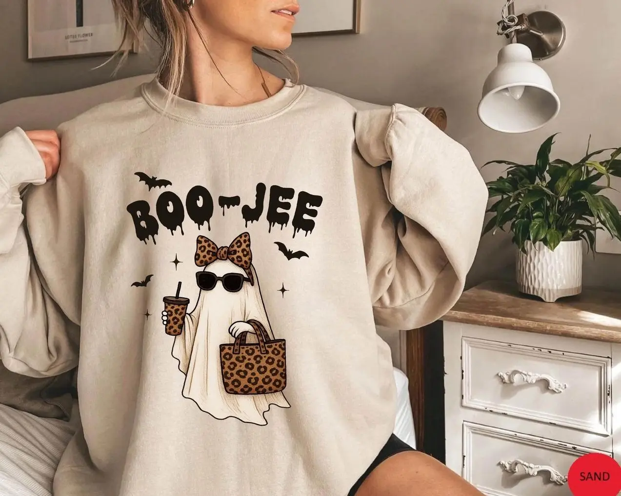 Boo-Jee Leopard Sweatshirt, Luxury Ghost Sweater, Funny Halloween Sweatshirt, Cute Ghost Graphic Crewneck, Pumpkin Patch Fall Costume, Spooky Season Apparel, Trendy Boujee Ghost Jumper, Spooky Vibes Outfit, Halloween Gift for Women & Men