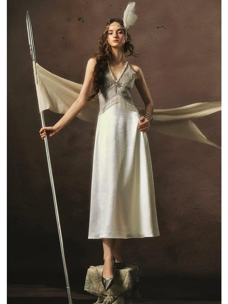 Silver Light Serenade Halter Dress - Premium Fabric, Soft Drape Fit Formal Party Wear SwimWeek