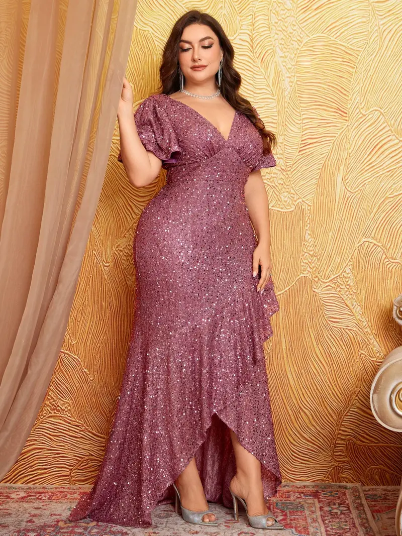 size 5x formal dresses Ever-Pretty Plunging Neckline Sequin Leaf Mermaid Evening Dress
