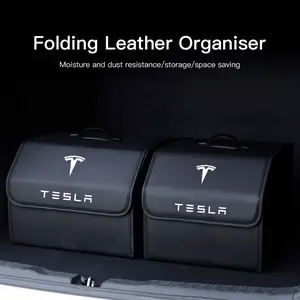 Car Emblem Leather Trunk Storage Box Portable Foldable Multiuse Organizer Bag Tool Auto Interior Accessories For Tesla Model 3 Model S Model X Model Y Cybertruck Roadster SpaceX