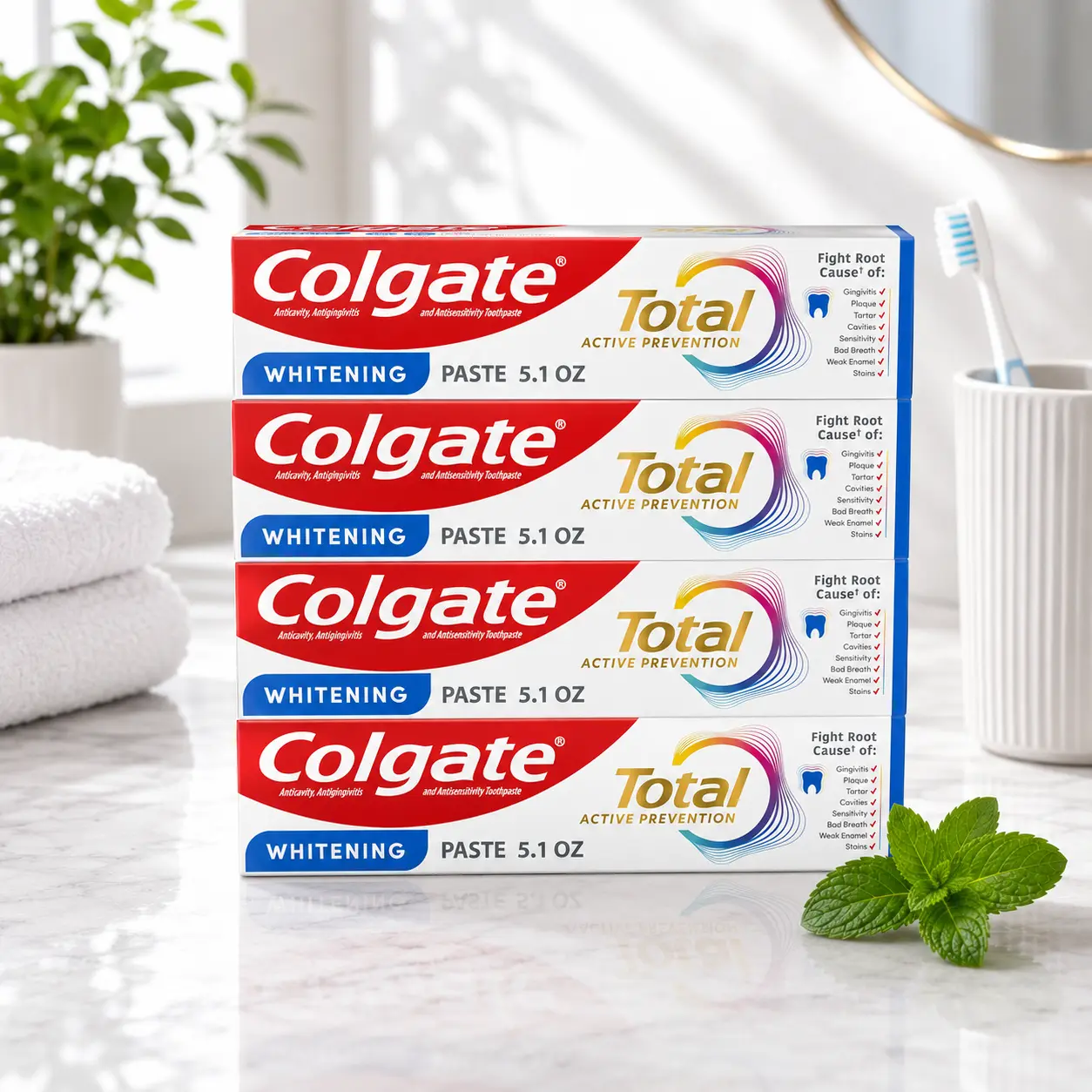 Colgate Total Whitening Toothpaste with Fluoride, Bulk 4 Pack, 5.1 oz | Mint Flavor, Anticavity, Antigingivitis, Antisensitivity Toothpaste, Helps Remove Stains, Fights Bacteria