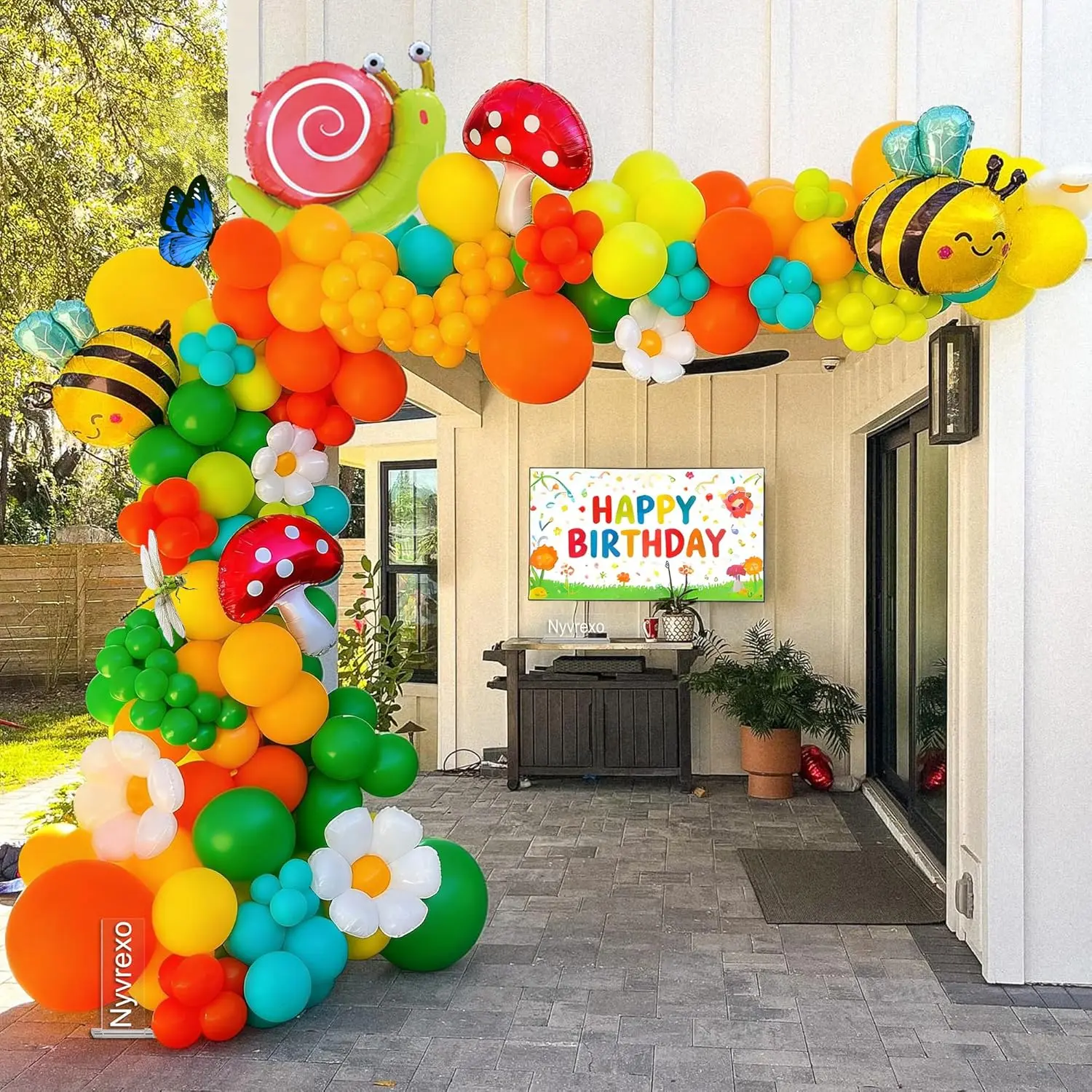 Spring Balloons Arch Garland Kit, 136Pcs Green Orange Yellow Balloons with Bee Daisy Mushroom Snail Foil Balloons for Spring Birthday Party Baby Shower Decorations