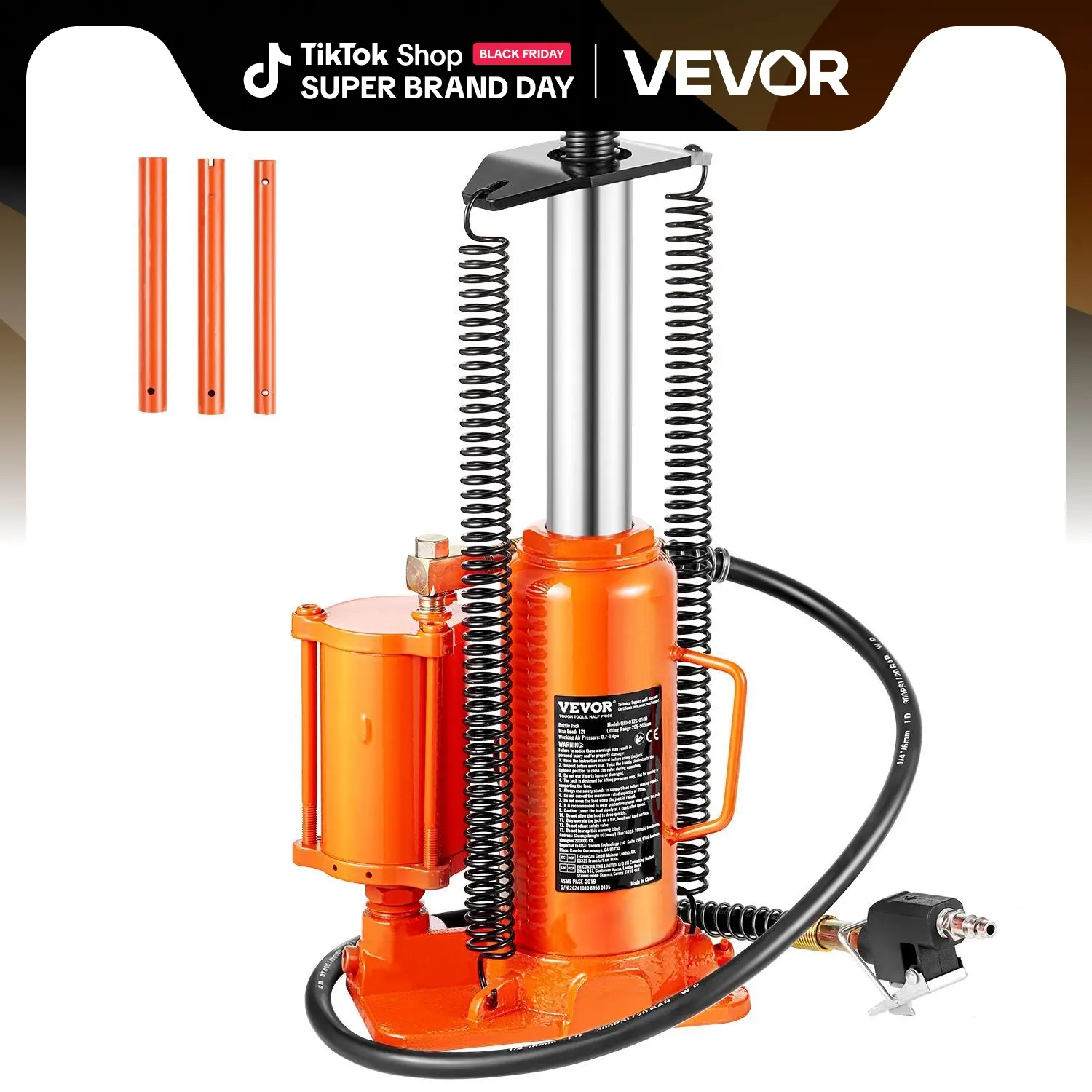 【Summerfinds】VEVOR Air Hydraulic Bottle Jack, 12 Ton/26455 lbs Pneumatic Hydraulic Bottle Jack with 10.43''-19.88'' Lifting Range & Manual Hand Pump, for Pickup, Truck, RV, Auto Repair, Industrial Engineering