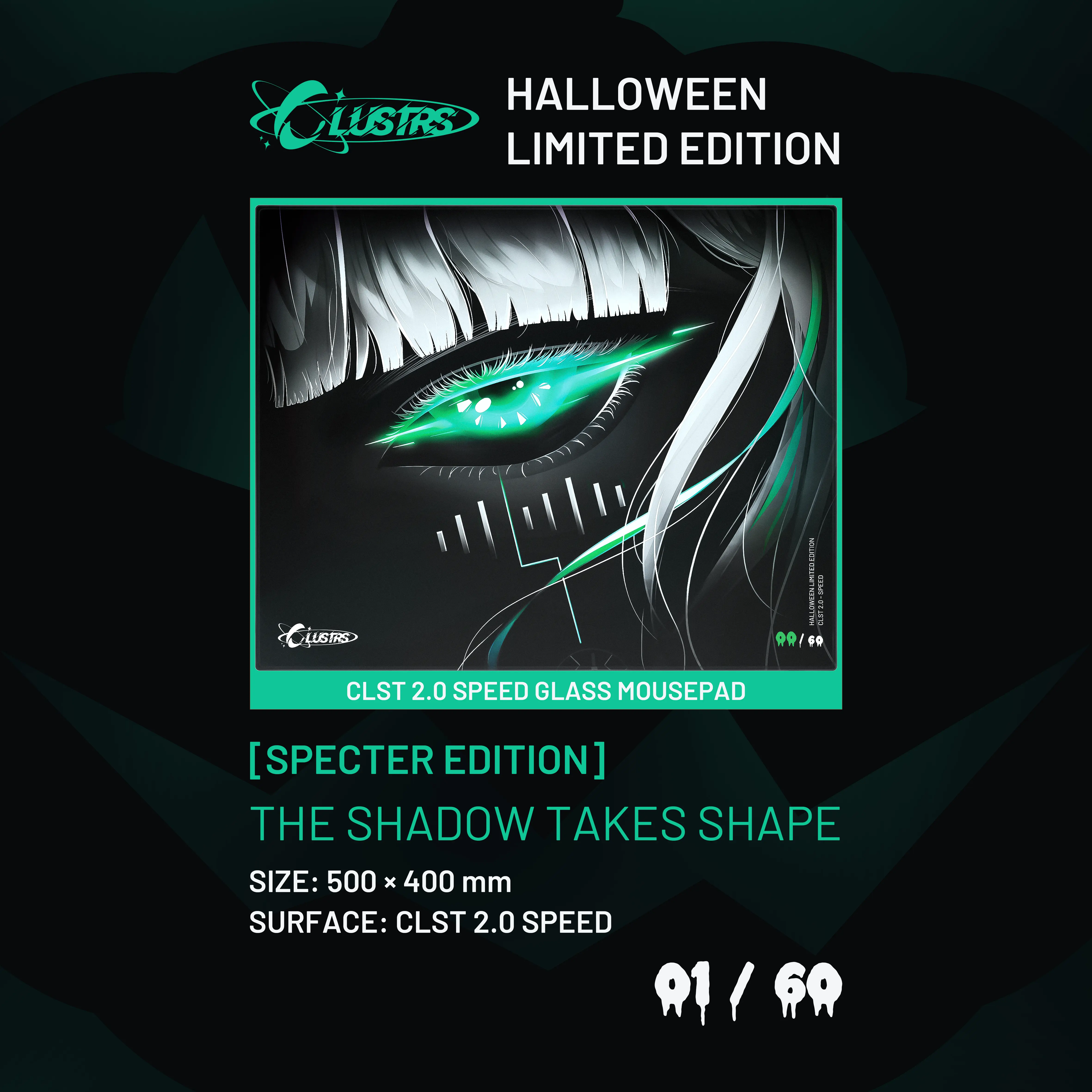CLUSTRS Astra’s Gaze Specter Glass Gaming Mouse Pad, Halloween Limited Edition, CLST 2.0 Speed, 500 x 400 mm, Green