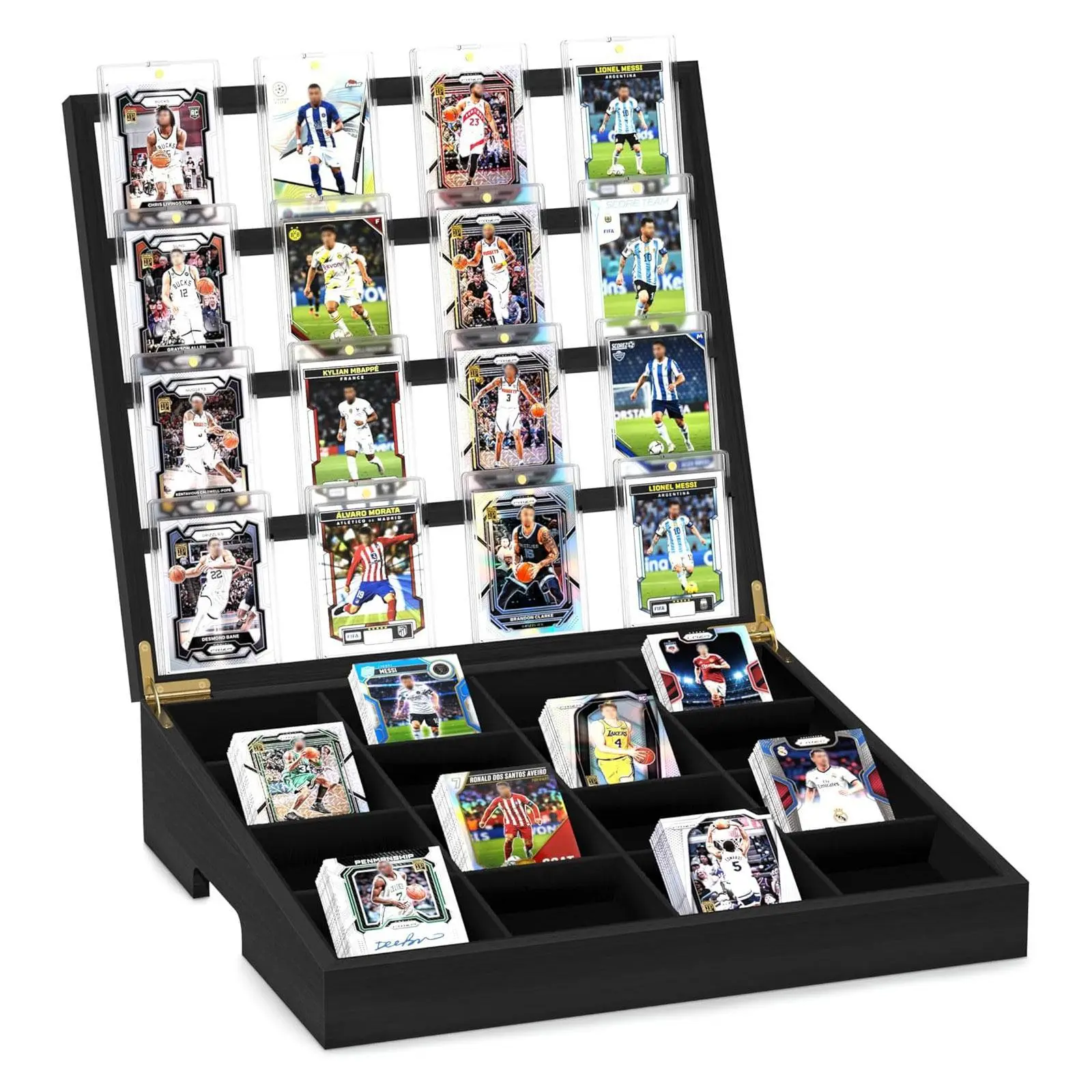 Emfogo Trading Card Sorting Tray and 16-Compartment Card Organizer with Handle, Wooden Sports Card Display Stand for Baseball, TCG, Gaming Cards, and Collection Storage, Black Desktop Organizer for Serious Collectors