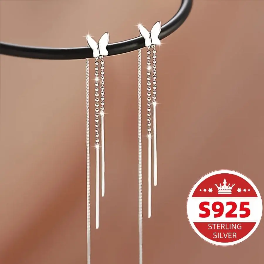 Women's S925 Sterling Silver Tassel Butterfly Dangle Earrings, Elegant Charm Jewelry for Daily Wear & Vacation, Christmas Gift Ideas