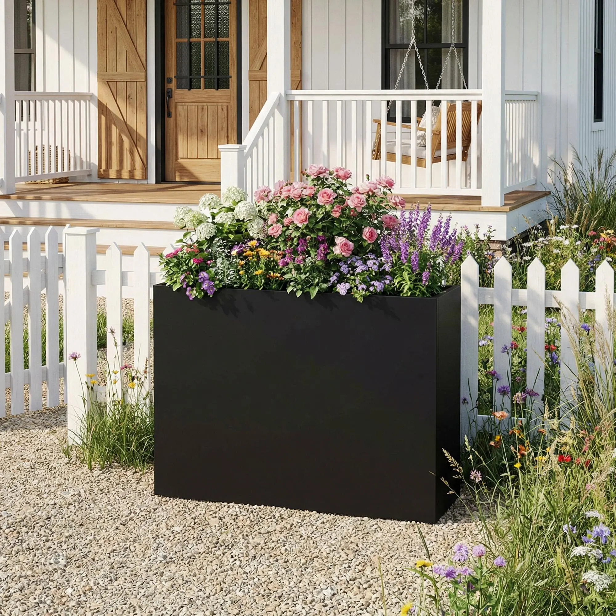 36 in Rectangular Anti-Rust Wrought Iron Plant Holder, Large Black Metal Raised Bed, Modern Trough Planter Box for Outdoor Patio, Indoor Balcony