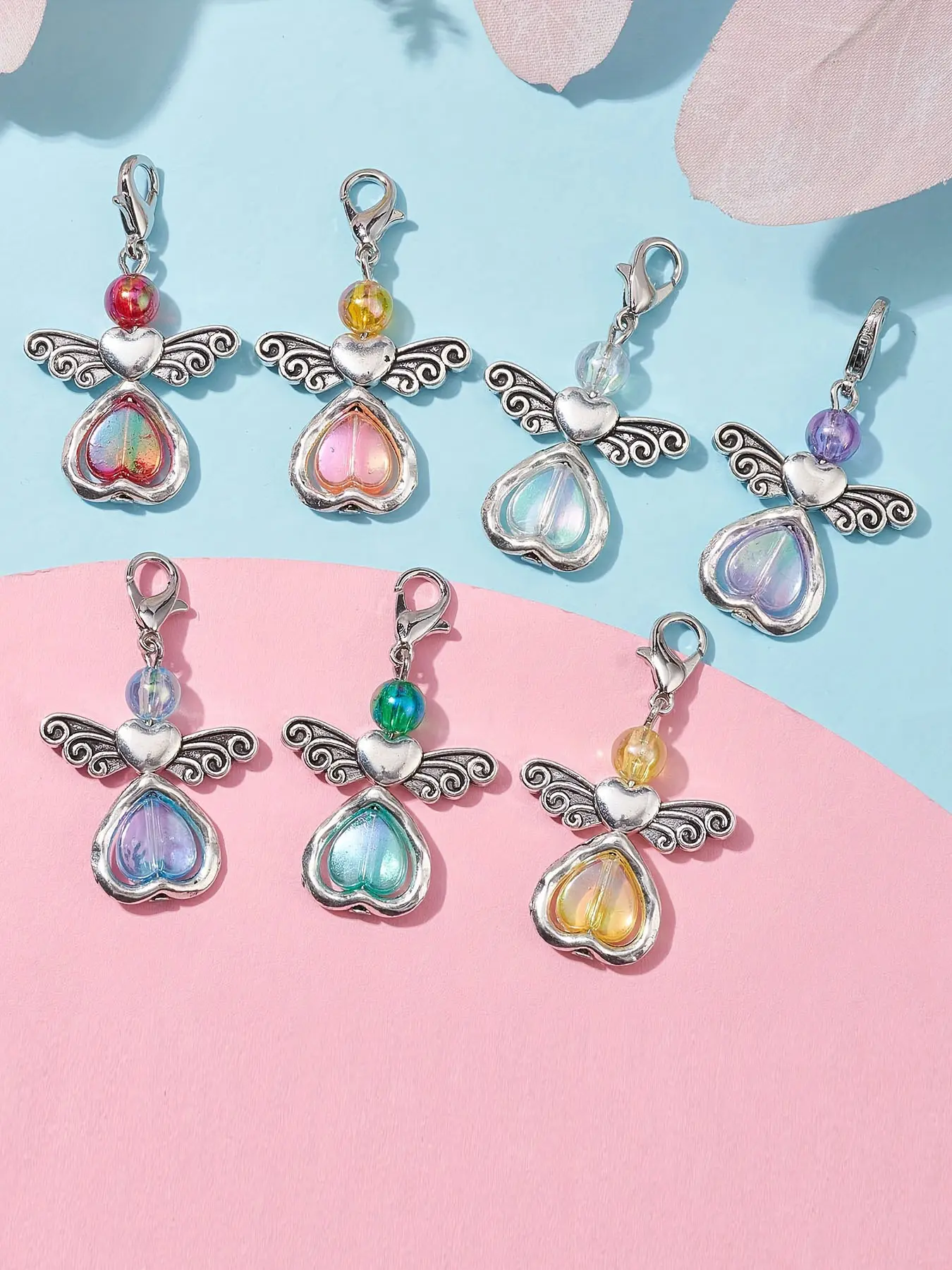 7pcs Angel Charm Set - Acrylic Heart Pendants in 7 Colors with Alloy Findings & Swivel Lobster Clasps, Mixed Color, Charming Heart Shape, Heart Shaped Pendant, Heart Design Charm, Heart Charms