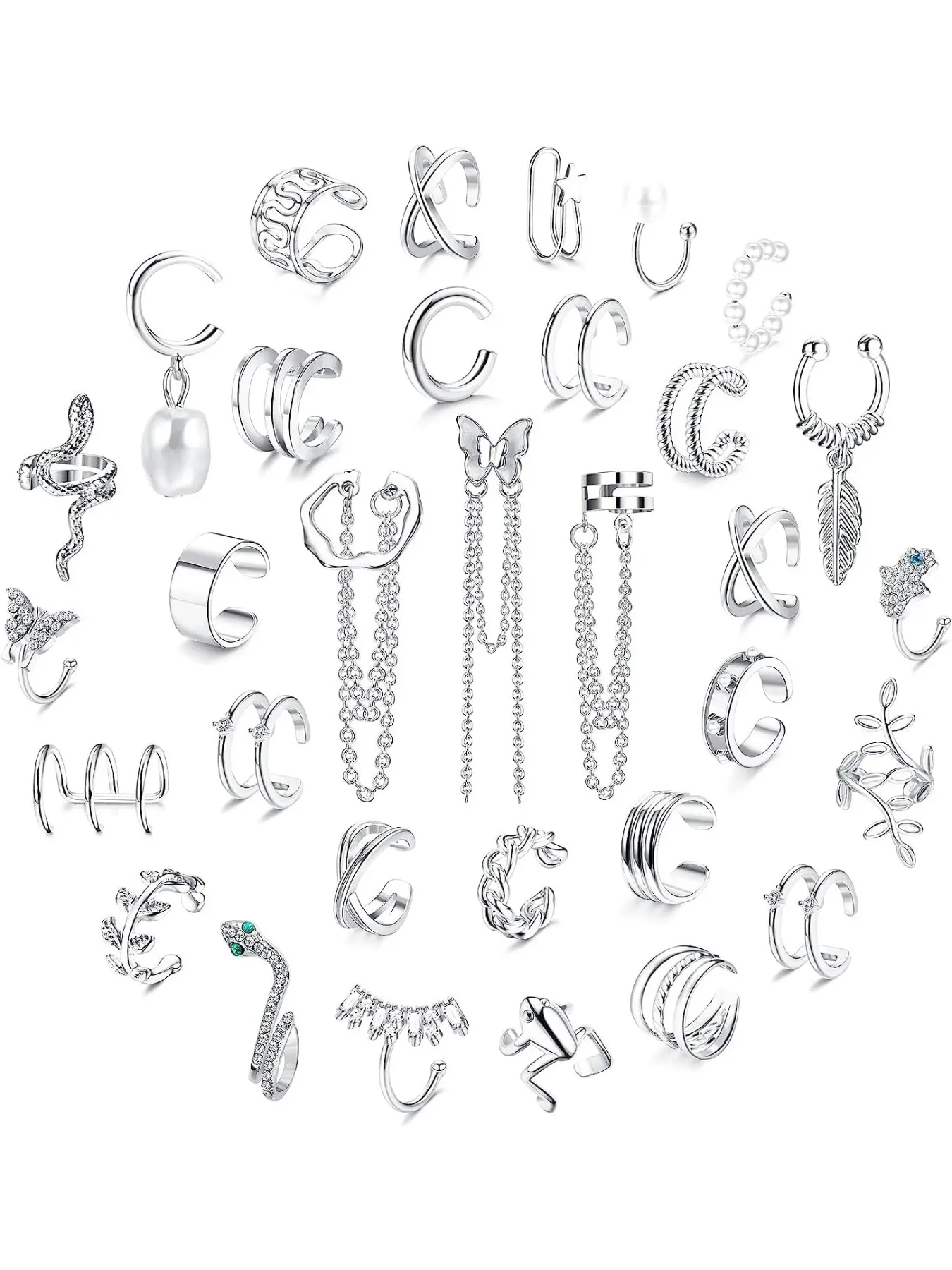 32Pcs Ear Cuff Earrings Set Clip On Wrap Earrings Non Piercing Cartilage Dangle Chain Earring Cuffs for Women Adjustable Snake Butterfly Ear Clip Fake Helix Wrap Ear Clip Earrings Earcuff Trendy Fashionable Fashion Jewelry Earrings Accessories