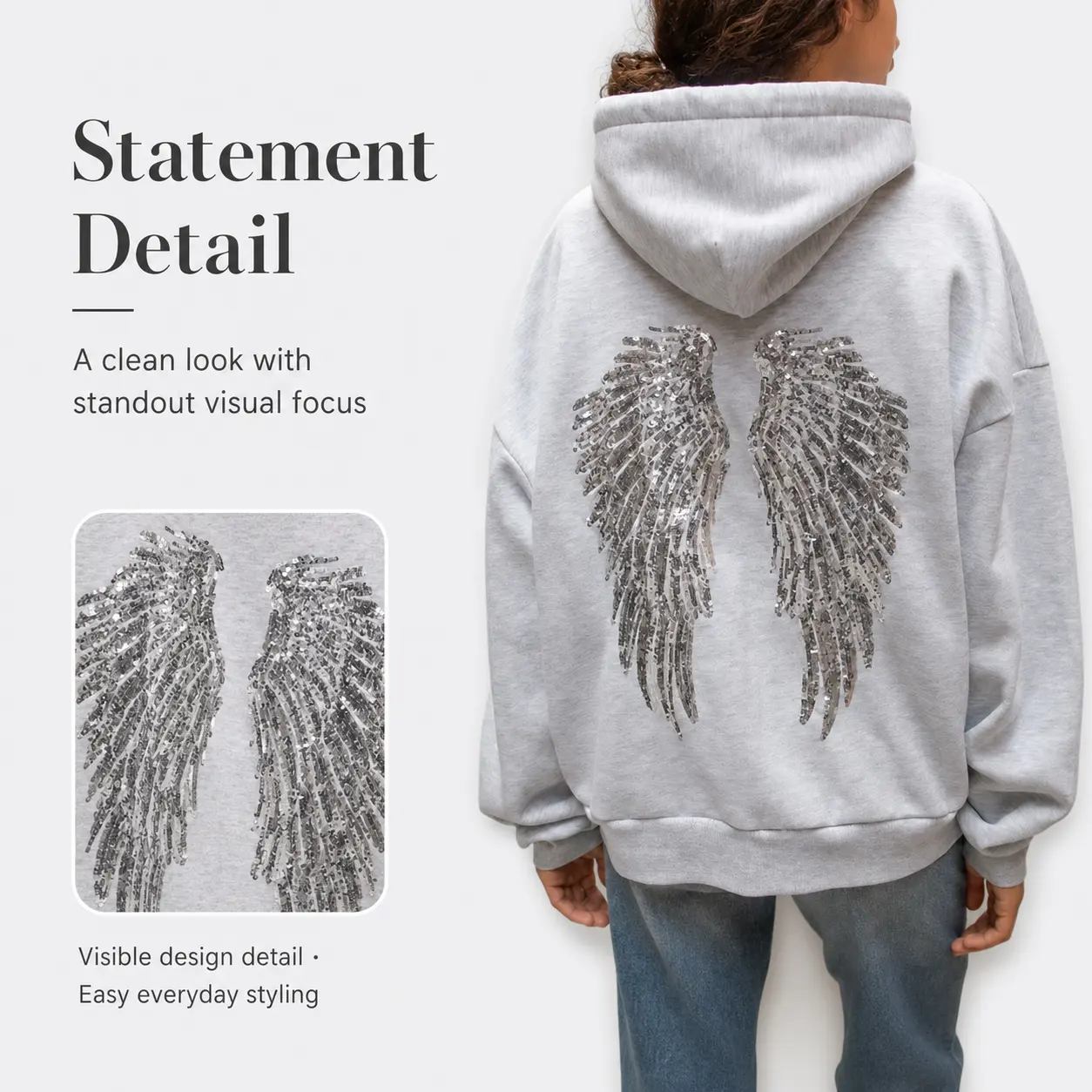 Women's Plus Size Polyester Fabric Hoodie - Rhinestone Angel Wings Printed Long-Sleeves Loose Fit Casual Pullover Hooded Tops