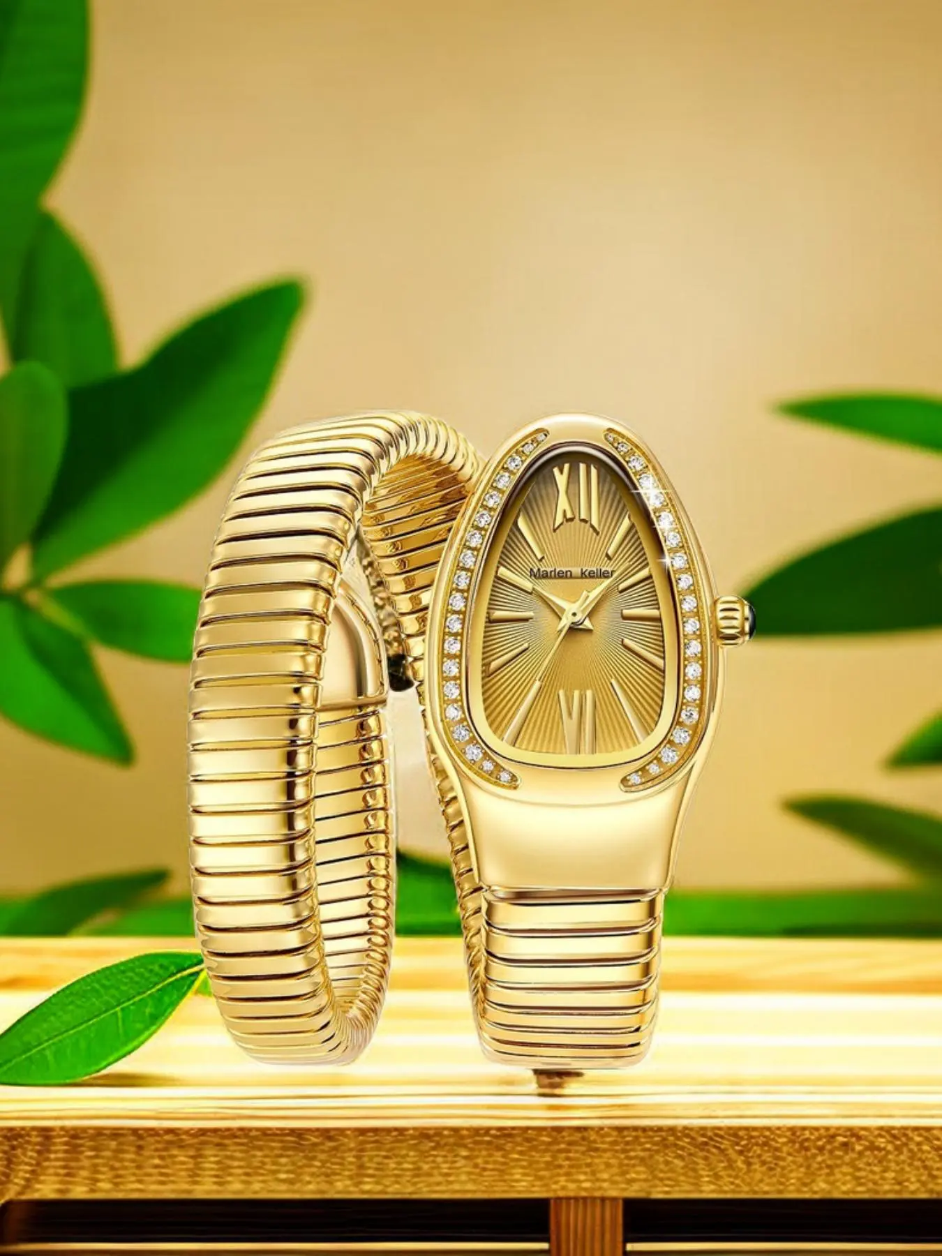 Women's Modern Snake Cuff Bracelet Design Quartz Stainless Steel Watch, Rhinestone Decor Exquisite Trendy Analog Wristwatch, Rhinestone Decorated Fashionable Gold Watches for Women As Gift, Accessories, Jewellery