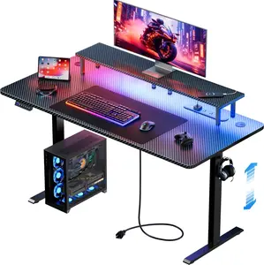 Ecofurnix 63/55/47 Inch Height Adjustable Gaming Table Electric Standing Desk with LED Lights Sit Stand Computer Workstation Power Outlet Monitor Stand for Home Bedroom Kitchen Island Black