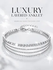 Y2K Layered Rhinestone Anklet for Women, Sparkly Silver Beach Jewelry, Sexy Summer Foot Chain for Vacation & Daily Wear