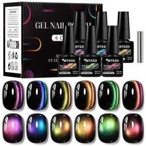 MTSSII 7pcs Rainbow Magnetic Nail Gel Polish Set, Double Light Starry Galaxy Effect Cat Eye Nail Gel, Glitter Colorful Long Lasting Soak Off UV/LED Nail Art Gel Varnish, Ideal Gift for Women and Girls, Crazy Nail Art, Indie Nail Polish