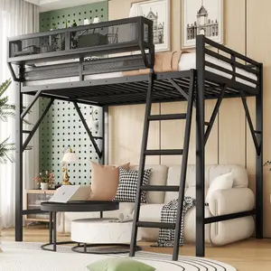 Queen Size Loft Bed with Ladder, Heavu-Duty Metal Queen Loft Bed with Storage Shelves, High Loft Bed for Teens, Noise Free