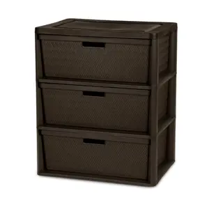 Sterilite Wide 3 Drawer Tower, Plastic Storage Organizer with Removable Decorative Bins, Easy to Assemble - No Tools Needed, Brown