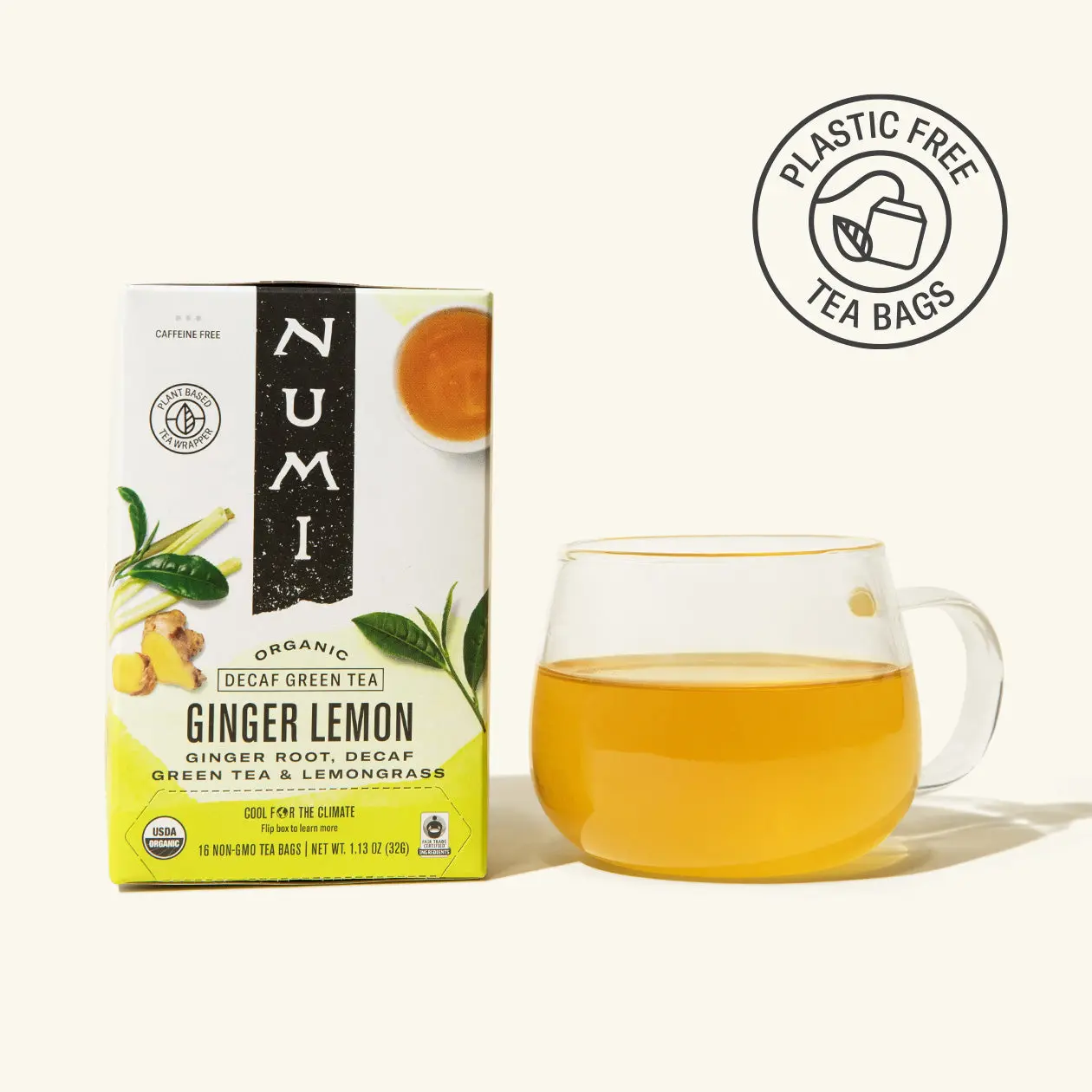 Numi Organic Decaf Green Tea Ginger Lemon - Bright Refreshing Lemongrass & Warming Ginger Root - Plastic Free Tea Bags - Caffeine Free