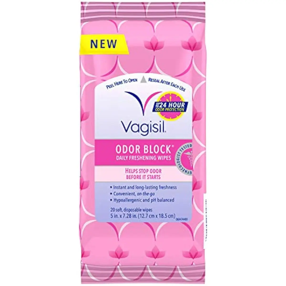 Feminine Hygiene Odor Block Daily Freshening Wipes - Gentle, Gynecologist Tested, Hypoallergenic - 20 Wipes in Resealable Pouch (Pack of 1)