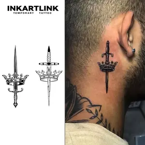 INKARTLINK Tattoo Tech,Sword Series, 2 Sheets Medium Semi Permanent Tattoo, Adult Art Design Temporary Tattoos, Lasts 1-2 Weeks, Waterproof, Realistic Look, No Adhesive, No Reflection For Man Women Arm Leg Hand Back Body (Crowned Swords Design)