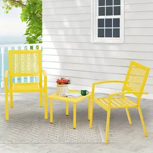 Stylish 3-Piece Outdoor Bistro Set, Metal Patio Furniture with Floral Back Design, Outdoor Dining Set with 2 Chairs & a Table, Ideal for Small Outdoor Spaces, Yellow