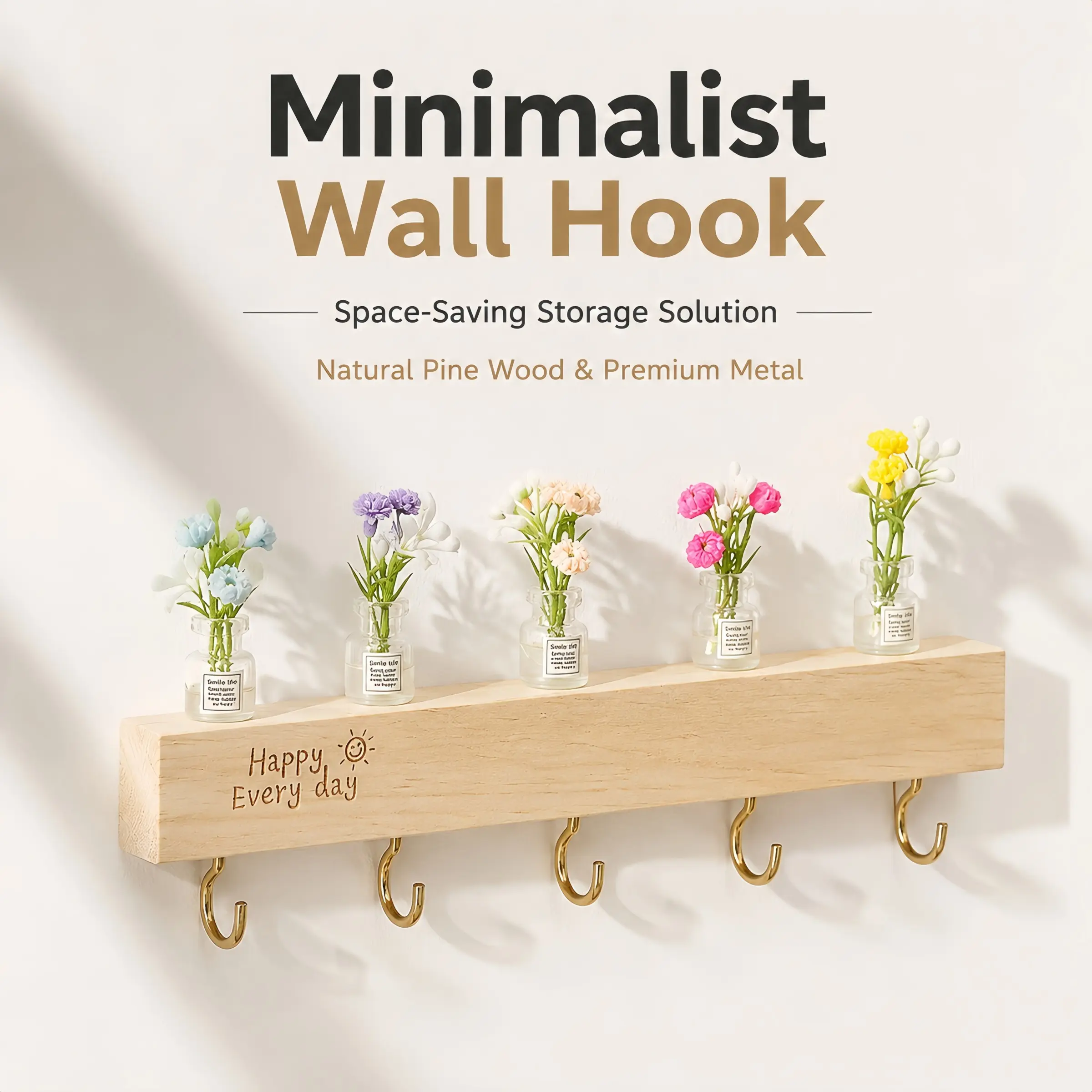 Cute Plant Keychain Holder (Wall-Mounted).No-Drill Solid Wood Key Holder for Wall, Entryway Organizer with Flower Design, Space Saving Design, 5 Metal Hooks & Mini Flower Vase. Self-Adhesive Wall Mounted Rack, Home Decor for Entryway & Hallway