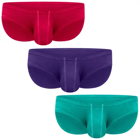 Men's Modal Low-Rise Bikini Briefs 3-Pack (Emerald, Purple, Red) - 5XL, Spandex-Blended, Breathable, Lightweight, Soft, Stylish Plain Athletic Underwear, Won’t Ride Up, Cold Wash Compatible Menswear