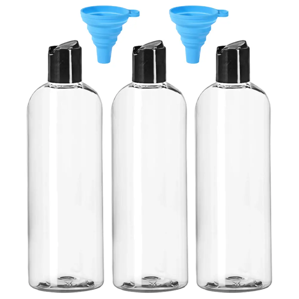 3 Packs 16 oz Clear Squeeze Empty Bottles with 2pcs Funnel Kit, Plastic Refillable Travel Shampoo and Conditioner Bottles with Black Disc Top Caps Cosmetic Containers for Lotions, Body Soap Cream