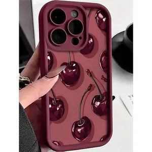 JIACC Luxury Wine Red Cherry Pattern TPU Phone Case for iPhone 17 ProMax 16 15 14 13 12 11 XS XR Plus Air Shockproof Drop-Resistant Durable Silicone Case with Festive Design