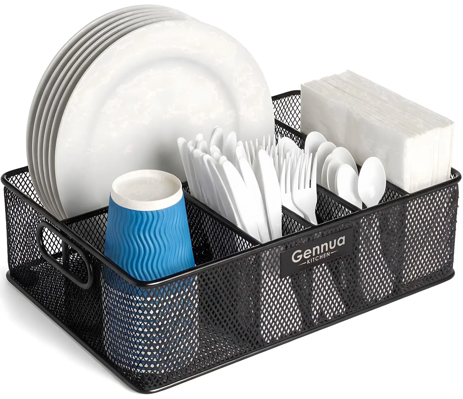 Gennua Kitchen 6-Compartment Metal Paper Plate Organizer with Mesh Utensil Caddy, Countertop Disposable Dinnerware Holder for Plates, Cups, Napkins, Cutlery & Condiments, Portable Storage Basket