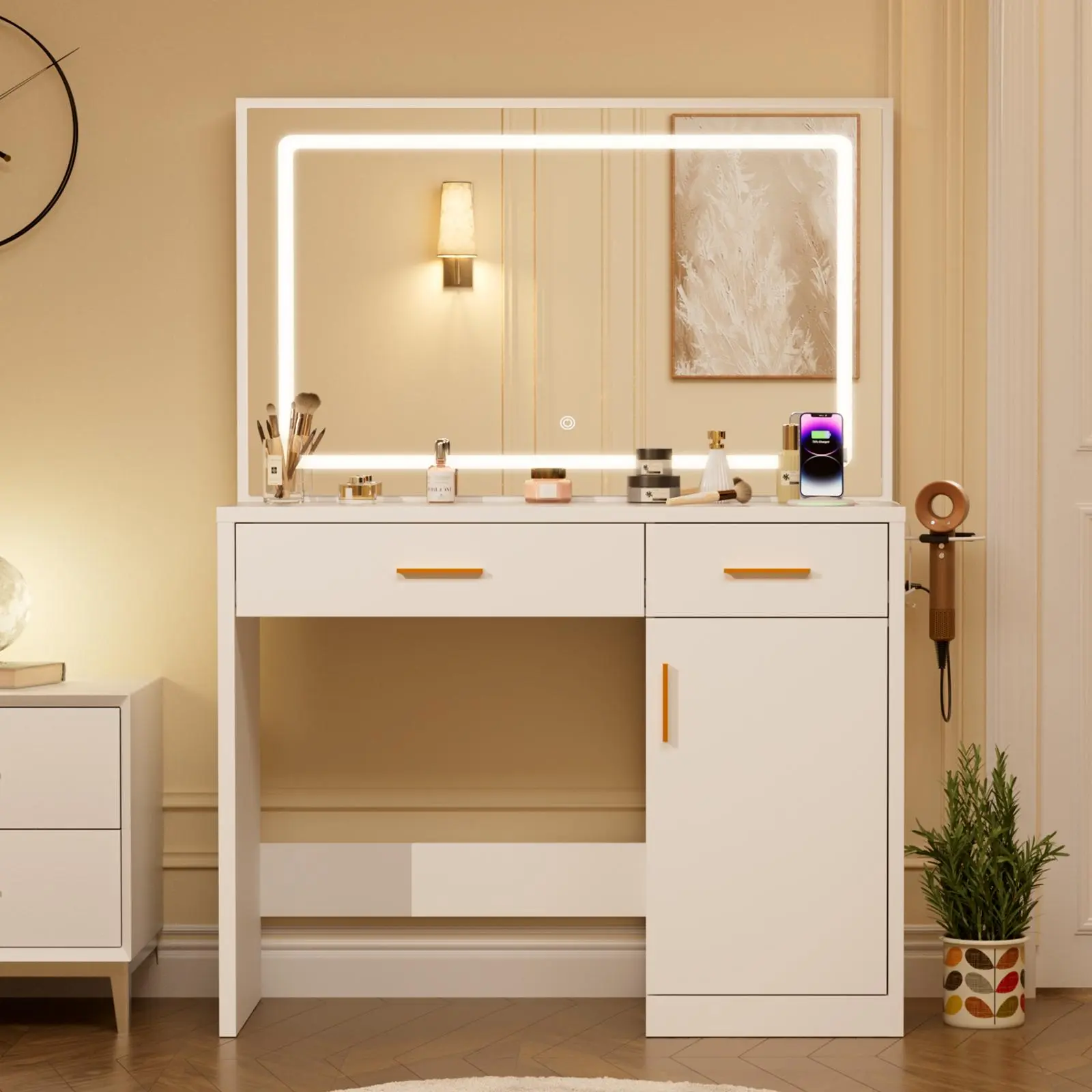 White High-Brightness Illuminated Multi-Light Makeup Vanity Desk, 35.4" Adjustable 3-Color LED Mirror, 2AC/USB/C Charging Station, Drawers, Large Cabinet & Dresser, High-Brightness Makeup Vanities, Multi-Light Makeup Vanities