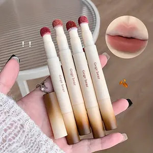2 pieces velvet matte lip glaze, long-lasting creamy lipstick, non-fading velvet effect, suitable for all skin types, adult use, multiple colors (brown, peach, pink, red), with sponge applicator, Makeup